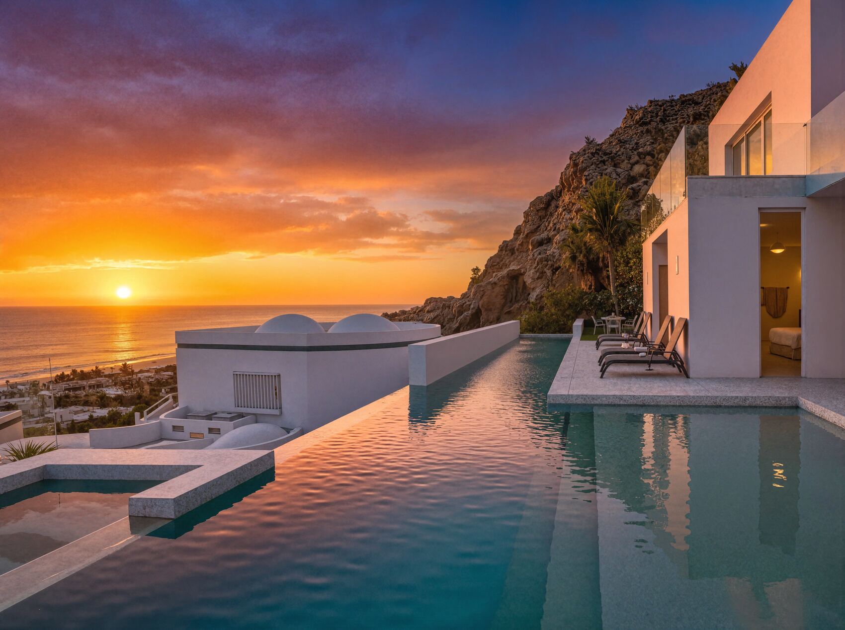 Alberca infinita al atardecer frente al mar, Los Cabos